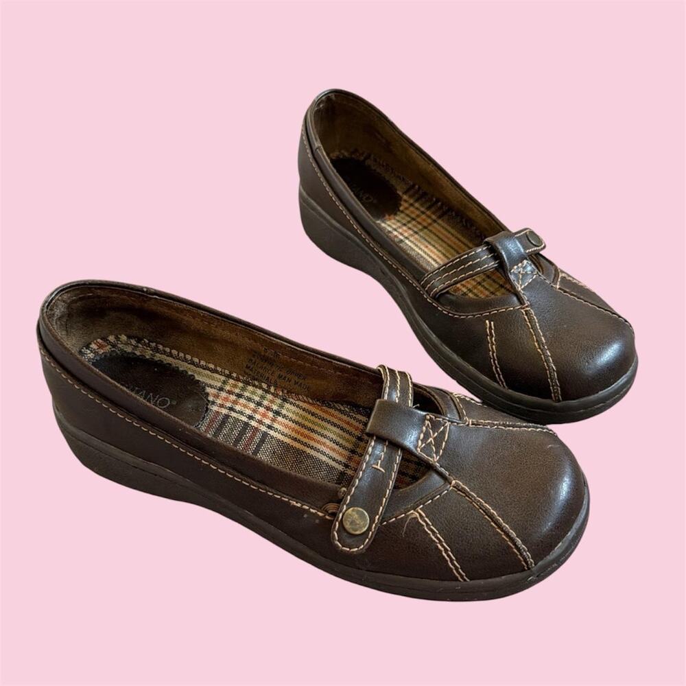 Brown faux leather chunky Mary Jane flats with white stitching and buckle detail